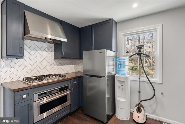 1426 Highwood Dr, Mclean, VA 22101 - kitchen with appliances with stainless steel finishes, range hood, decorative backsplash, dark wood-style floors, and wood counters