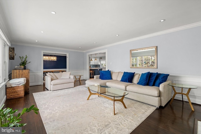 1426 Highwood Dr, Mclean, VA 22101 - living area featuring wood finished floors, ornamental molding, a wainscoted wall, and recessed lighting