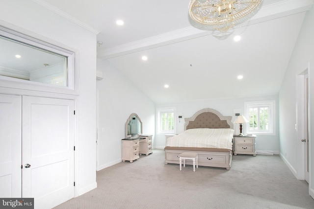 2001 Army Navy Dr, Arlington, VA 22202 - carpeted bedroom featuring multiple windows, a chandelier, baseboards, recessed lighting, and crown molding