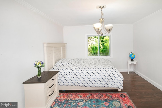 2001 Army Navy Dr, Arlington, VA 22202 - bedroom with a chandelier, dark wood-style flooring, ornamental molding, and baseboards
