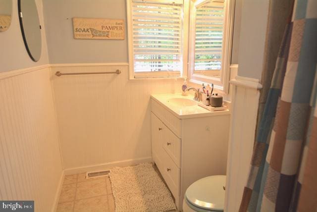 7 Caldwell Ave, Marlton, NJ 08053 - full bath with wainscoting, toilet, vanity, and tile patterned floors