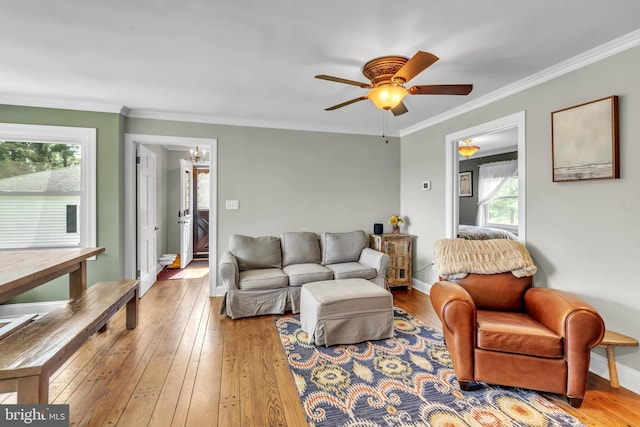 65 Hillcrest Ln, North East, MD 21901 - living room featuring ceiling fan, crown molding, wood-type flooring, and baseboards
