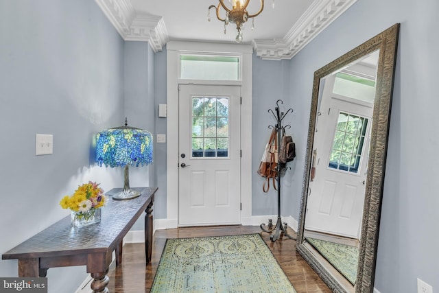 65 Hillcrest Ln, North East, MD 21901 - entryway featuring a chandelier, ornamental molding, dark wood-style flooring, and baseboards