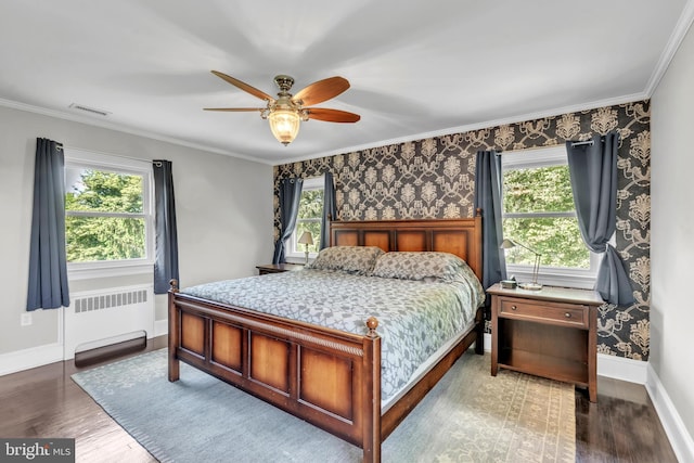 65 Hillcrest Ln, North East, MD 21901 - bedroom featuring radiator, wood finished floors, baseboards, crown molding, and wallpapered walls