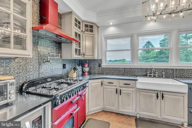 65 Hillcrest Ln, North East, MD 21901 - kitchen featuring custom range hood, double oven range, a sink, crown molding, and plenty of natural light