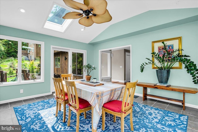 13 Quartz Mill Rd, Newark, DE 19711 - tiled dining area featuring vaulted ceiling, a skylight, ceiling fan, recessed lighting, and baseboards