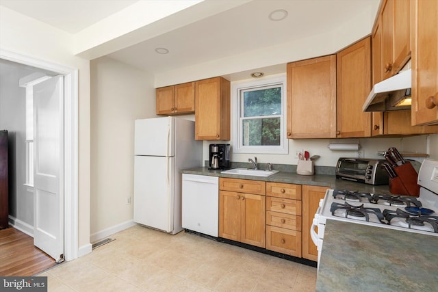 429 Greenway Ave, Ewing, NJ 08618 - kitchen featuring white appliances, under cabinet range hood, a sink, dark countertops, and baseboards