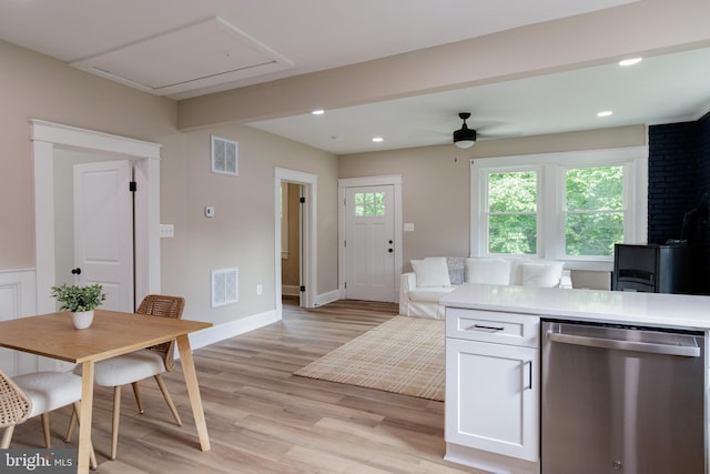 30 Gooney Falls Ln, Front Royal, VA 22630 - kitchen featuring dishwasher, white cabinets, ceiling fan, light wood finished floors, and light countertops