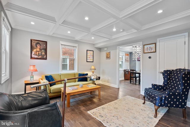 5054 8th St NE, Washington, DC 20017 - living room featuring coffered ceiling, wood finished floors, baseboards, beam ceiling, and recessed lighting