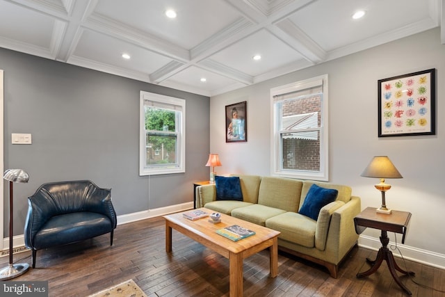 5054 8th St NE, Washington, DC 20017 - living area featuring dark wood finished floors, baseboards, coffered ceiling, beamed ceiling, and recessed lighting