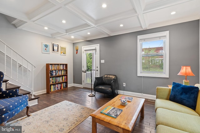 5054 8th St NE, Washington, DC 20017 - living area featuring baseboards, hardwood / wood-style flooring, coffered ceiling, beamed ceiling, and recessed lighting