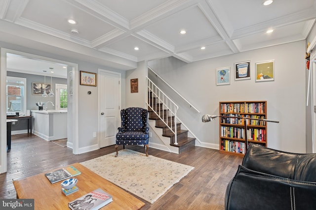 5054 8th St NE, Washington, DC 20017 - living area featuring stairway, hardwood / wood-style flooring, coffered ceiling, recessed lighting, and beam ceiling