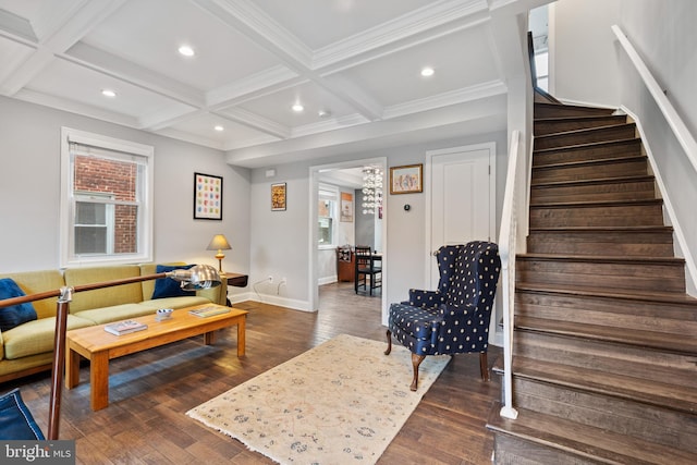 5054 8th St NE, Washington, DC 20017 - living room with baseboards, stairway, coffered ceiling, healthy amount of natural light, and wood finished floors