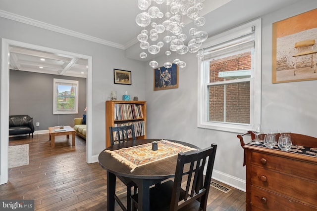 5054 8th St NE, Washington, DC 20017 - dining space with dark wood-type flooring, crown molding, baseboards, a chandelier, and recessed lighting
