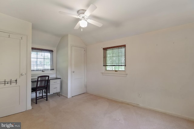 5811 Augusta Ln, Bethesda, MD 20816 - unfurnished bedroom with vaulted ceiling, light carpet, baseboards, a ceiling fan, and an office area
