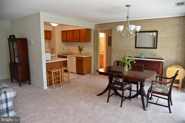 4360 Ivymount Ct Unit 32, Annandale, VA 22003 - dining space featuring a chandelier, light colored carpet, electric panel, and brick wall