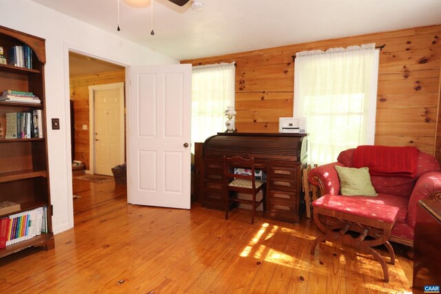5254 Havenwood Ln, Schuyler, VA 22969 - living area featuring wooden walls, wood finished floors, and ceiling fan