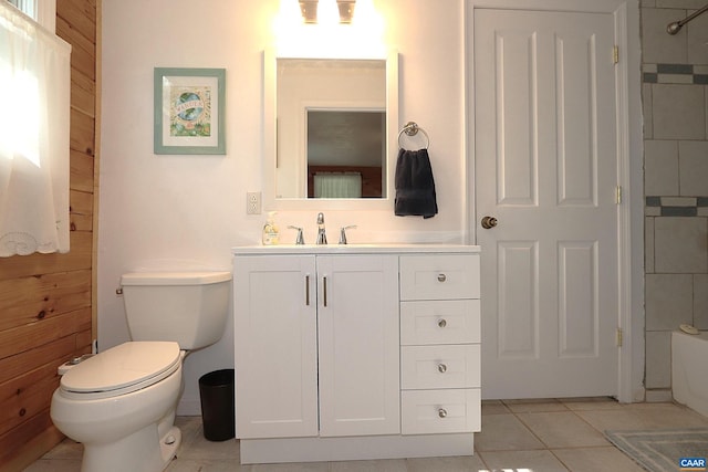 5254 Havenwood Ln, Schuyler, VA 22969 - full bathroom with vanity, toilet, tile patterned flooring, and wooden walls