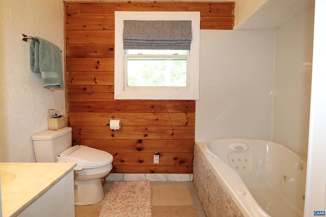 5254 Havenwood Ln, Schuyler, VA 22969 - full bathroom featuring toilet, a tub with jets, vanity, tile patterned floors, and wooden walls