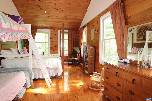 5254 Havenwood Ln, Schuyler, VA 22969 - bedroom featuring lofted ceiling, light wood finished floors, multiple windows, wood ceiling, and wood walls