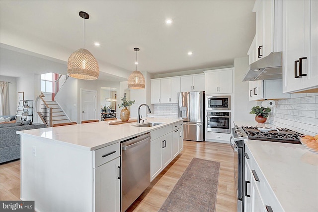 48 Winifred Dr, Hanover, PA 17331 - kitchen featuring stainless steel appliances, a sink, under cabinet range hood, tasteful backsplash, and light wood-style floors