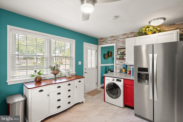 9000 Sudley Rd, Manassas, VA 20110 - kitchen with stainless steel refrigerator with ice dispenser, washer / dryer, ceiling fan, light marble finish floors, and white cabinetry