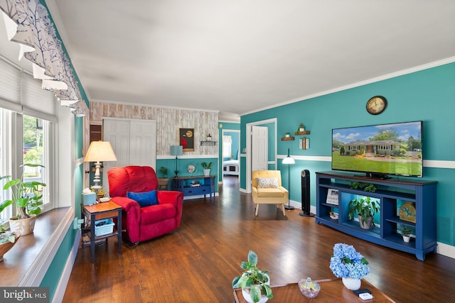 9000 Sudley Rd, Manassas, VA 20110 - living area with baseboards, wood finished floors, ornamental molding, and wallpapered walls