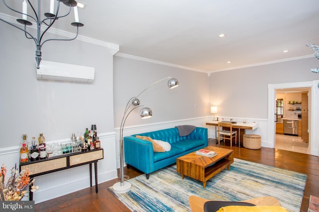 72 N Franklin St Unit A, Lambertville, NJ 08530 - living room with a wall mounted air conditioner, wood finished floors, ornamental molding, wainscoting, and a chandelier