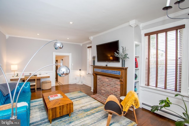 72 N Franklin St Unit A, Lambertville, NJ 08530 - living area with a baseboard heating unit, wood finished floors, ornamental molding, and recessed lighting