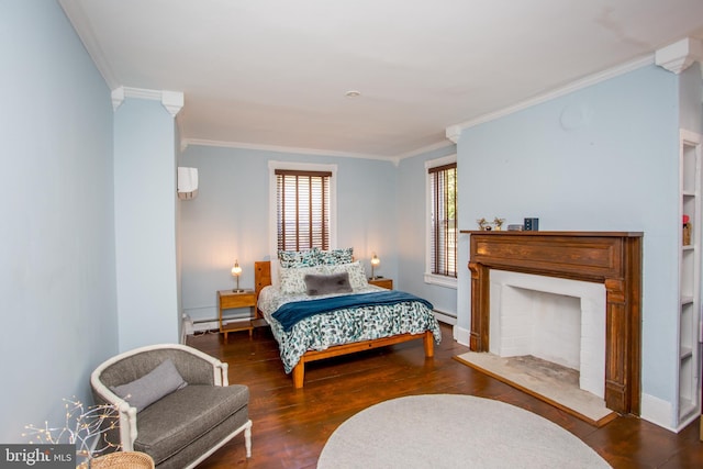 72 N Franklin St Unit A, Lambertville, NJ 08530 - bedroom featuring crown molding, wood finished floors, a fireplace, baseboards, and a wall mounted air conditioner