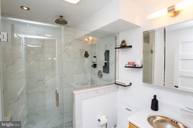 72 N Franklin St Unit A, Lambertville, NJ 08530 - bathroom with vanity, a marble finish shower, toilet, and recessed lighting