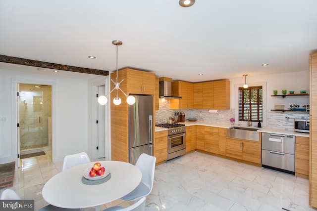 72 N Franklin St Unit A, Lambertville, NJ 08530 - kitchen featuring stainless steel appliances, a sink, light countertops, wall chimney range hood, and tasteful backsplash
