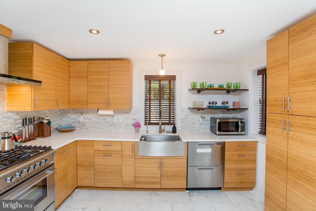 72 N Franklin St Unit A, Lambertville, NJ 08530 - kitchen featuring appliances with stainless steel finishes, light marble finish flooring, a sink, open shelves, and light countertops