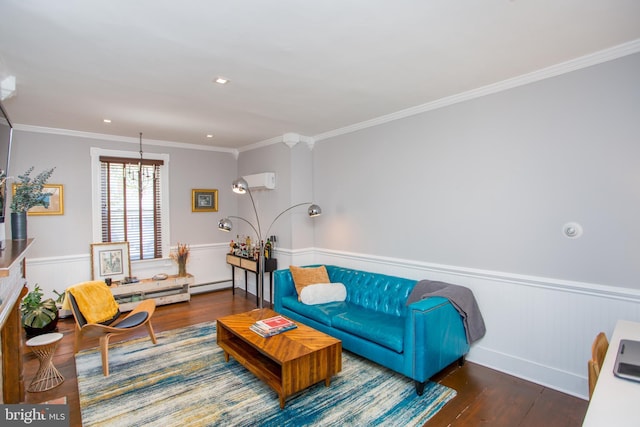 72 N Franklin St Unit A, Lambertville, NJ 08530 - living area with wood finished floors, a baseboard heating unit, crown molding, wainscoting, and recessed lighting