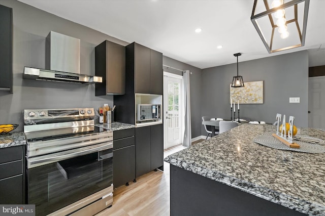 4 Hawkesbury Ct, Newark, DE 19702 - kitchen featuring stainless steel electric range oven, wall chimney exhaust hood, light wood-style flooring, pendant lighting, and built in microwave