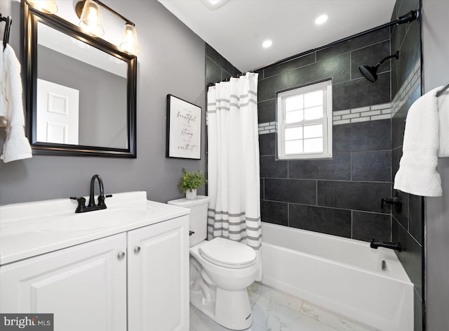 4 Hawkesbury Ct, Newark, DE 19702 - bathroom featuring toilet, vanity, marble finish floors, shower / bathtub combination with curtain, and recessed lighting