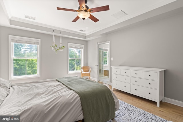 504 Hollingsworth Ter, Herndon, VA 20170 - bedroom featuring a raised ceiling, light wood finished floors, baseboards, a ceiling fan, and ensuite bath