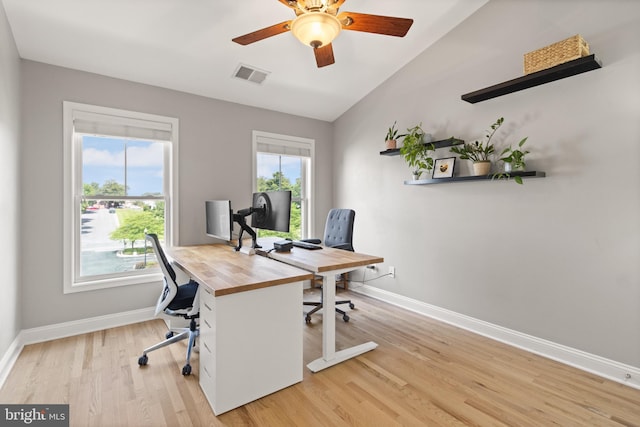 504 Hollingsworth Ter, Herndon, VA 20170 - home office with vaulted ceiling, light wood finished floors, baseboards, and a ceiling fan