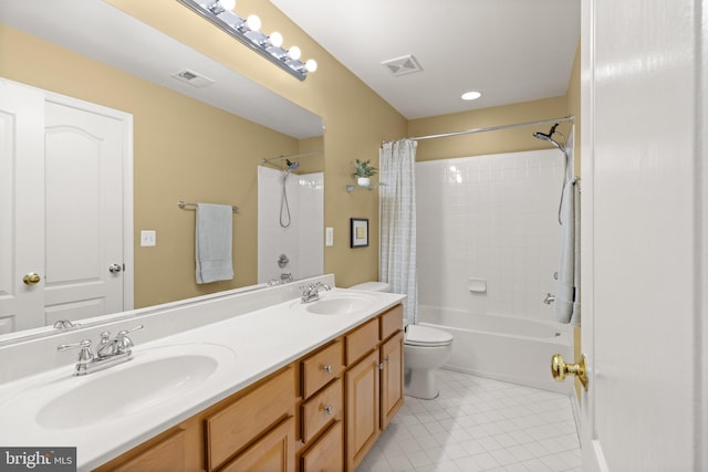 504 Hollingsworth Ter, Herndon, VA 20170 - bathroom featuring toilet, double vanity, shower / bathtub combination with curtain, and tile patterned flooring