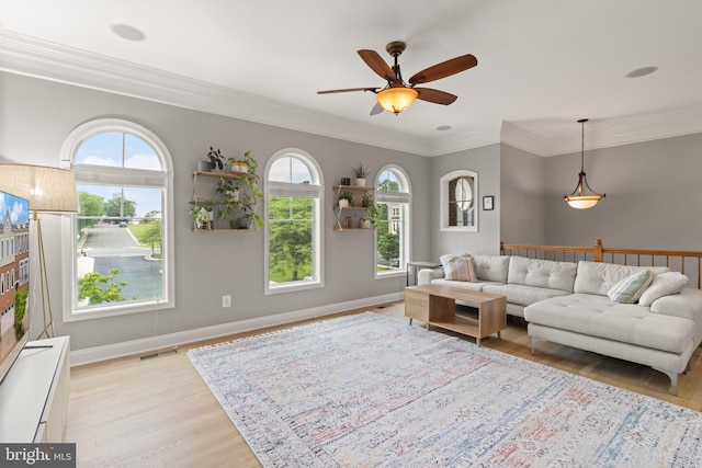 504 Hollingsworth Ter, Herndon, VA 20170 - living area with ceiling fan, light wood-style floors, ornamental molding, and baseboards
