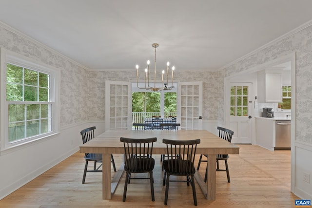 3500 Monacan Dr W, Charlottesville, VA 22901 - dining space with a chandelier, light wood-style flooring, wainscoting, and ornamental molding