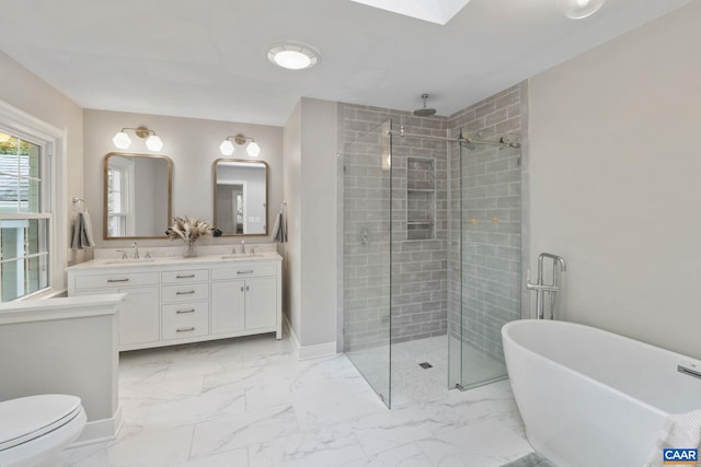 3500 Monacan Dr W, Charlottesville, VA 22901 - full bathroom featuring a stall shower, double vanity, marble finish floors, a soaking tub, and toilet