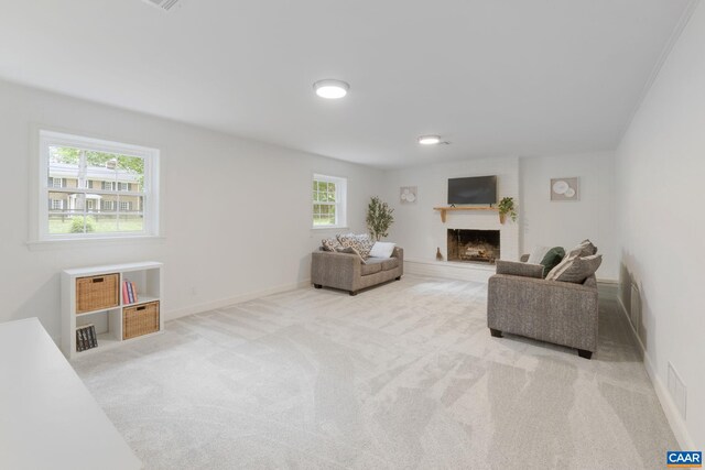 3500 Monacan Dr W, Charlottesville, VA 22901 - living area with carpet floors, a large fireplace, and baseboards