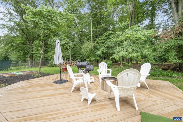 3500 Monacan Dr W, Charlottesville, VA 22901 - wooden terrace featuring a fire pit, view of scattered trees, and a grill