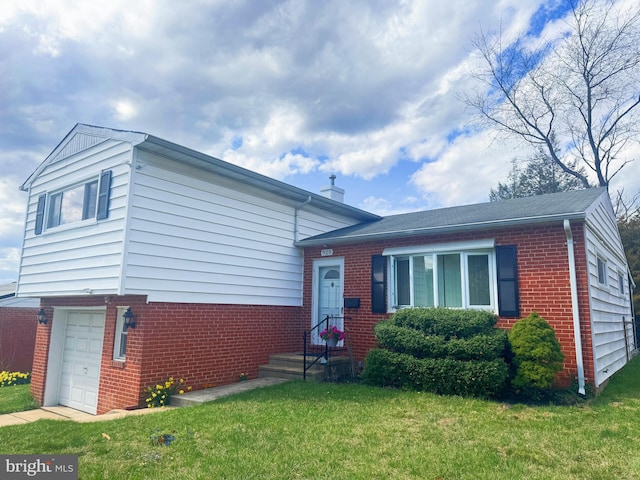 920 Vanderwood, Baltimore, MD 21228 - split level home with brick siding, a front yard, an attached garage, and a chimney