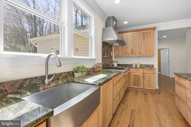 1109 Cherry Point Rd, West River, MD 20778 - kitchen with ventilation hood, a sink, stainless steel gas stovetop, light wood-type flooring, and recessed lighting