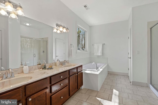1109 Cherry Point Rd, West River, MD 20778 - full bath featuring a shower stall, double vanity, a bath, tile patterned floors, and baseboards