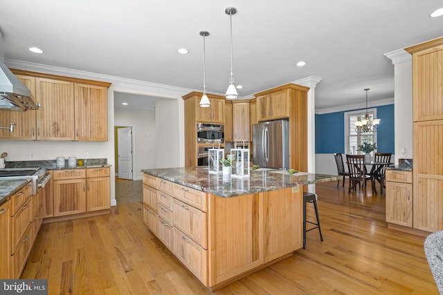1109 Cherry Point Rd, West River, MD 20778 - kitchen with appliances with stainless steel finishes, crown molding, light wood-type flooring, a kitchen island, and recessed lighting