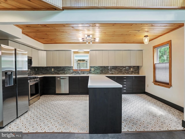 44 Wild Rose Ct, Hedgesville, WV 25427 - kitchen featuring stainless steel appliances, wood ceiling, a sink, backsplash, and light countertops