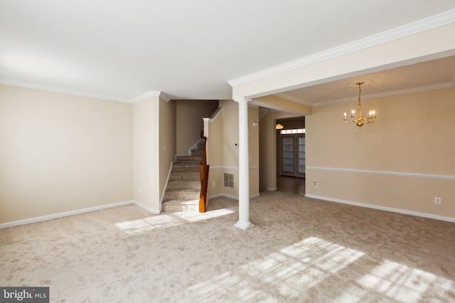 1254 Corbett Pl, Woodbridge, VA 22191 - unfurnished living room with stairs, crown molding, carpet, a chandelier, and baseboards